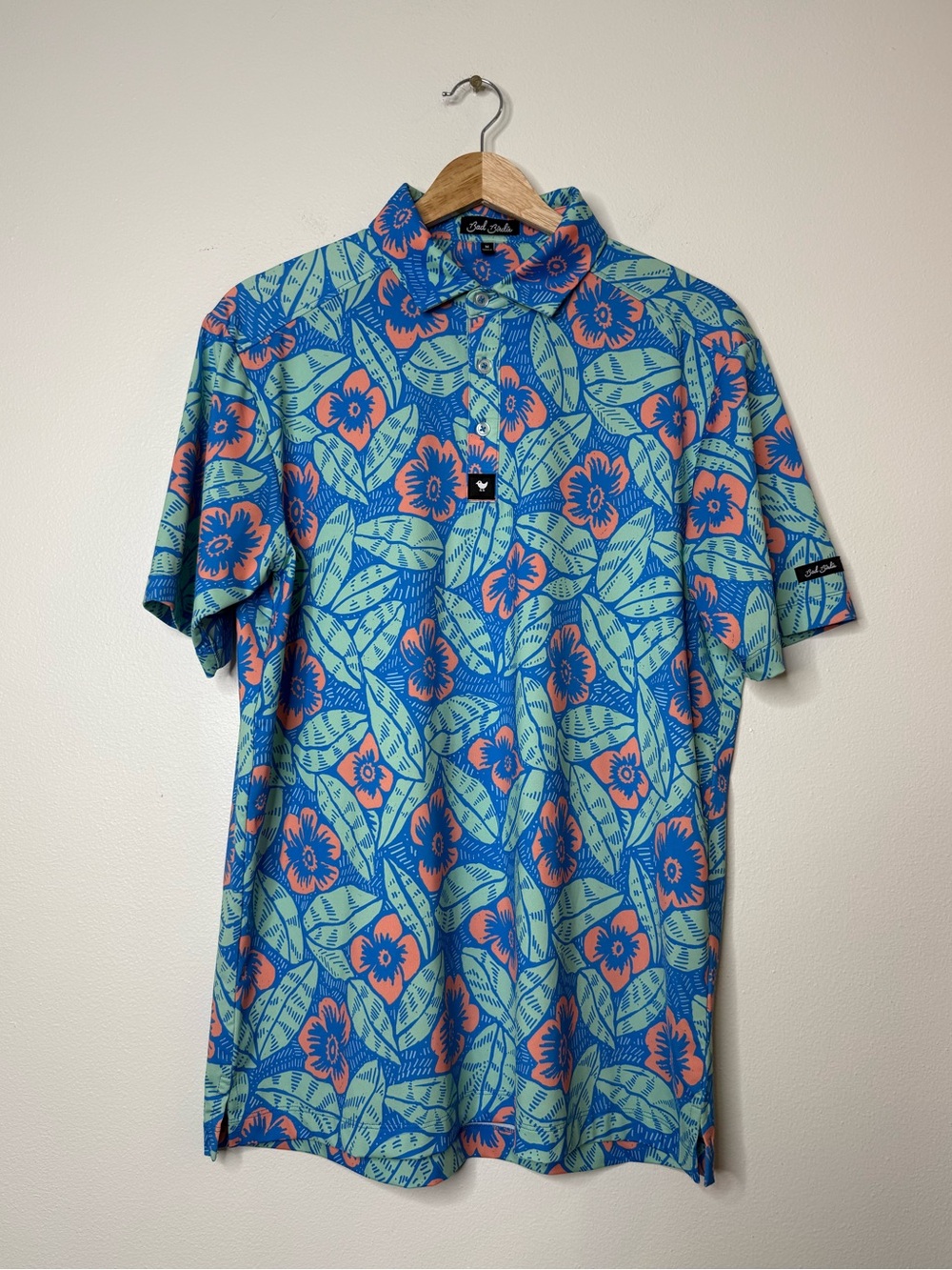 Men’s Bad Birdie Marco Brolo floral pattern golf polo shirt blue & green medium